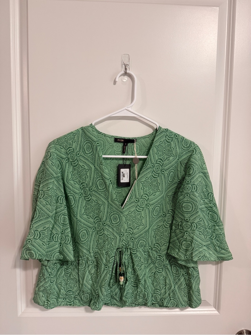 Maje Green Eyelet Peplum Top with Tie Waist